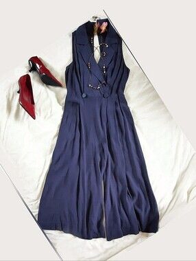 ENTRY Navy Romper, Sleeveless, Lapel Collar V-Neck, Middle Back Slit, Wide Leg